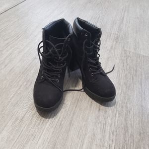 All Black Faux Suede Chunky Ankle Boots W8